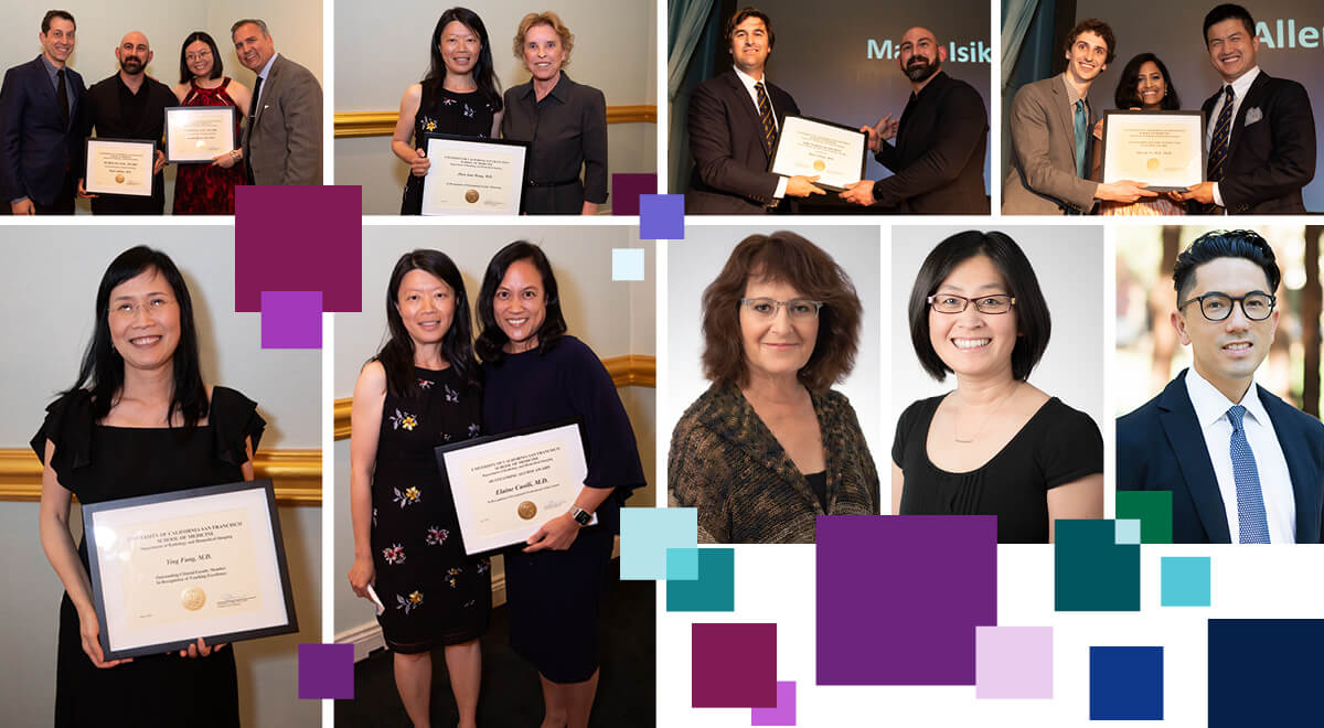 Top row, left to right: Drs. Jared Narvid, Masis Isikbay and Amanda Liu, Matt Zapala; Dr. Jane Wang with Dr. Susan Wall; Dr. Chris Mutch with Masis Isikbay; Drs. Stephen Wahlig, Madhavi Duvvuri, and Allen Ye. Bottom row, left to right: Dr. Ying Fung; Drs. Jane Wang and Elaine Caoili; Dr. Vickie Feldstein; Dr. Yi Li; Dr. Mark Sugi. 