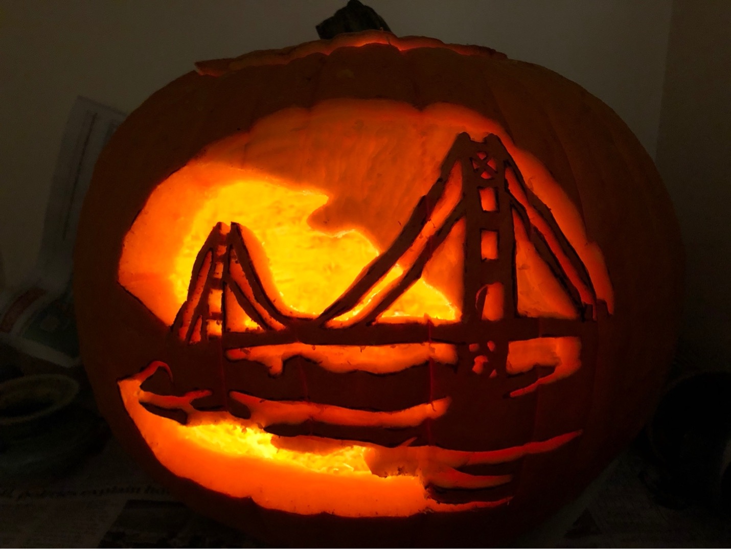 A carved pumpkin depicting the Golden Gate bridge.