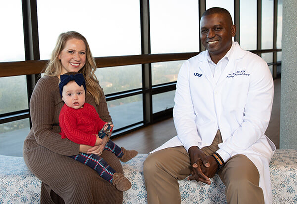 UCSF Patient Maryana Kessel, with her daughter Emily, and Kevin McGill, MD, MPH, Director of Musculoskeletal Interventions and assistant professor of musculoskeletal imaging in the Department of Radiology and Biomedical Imaging.   